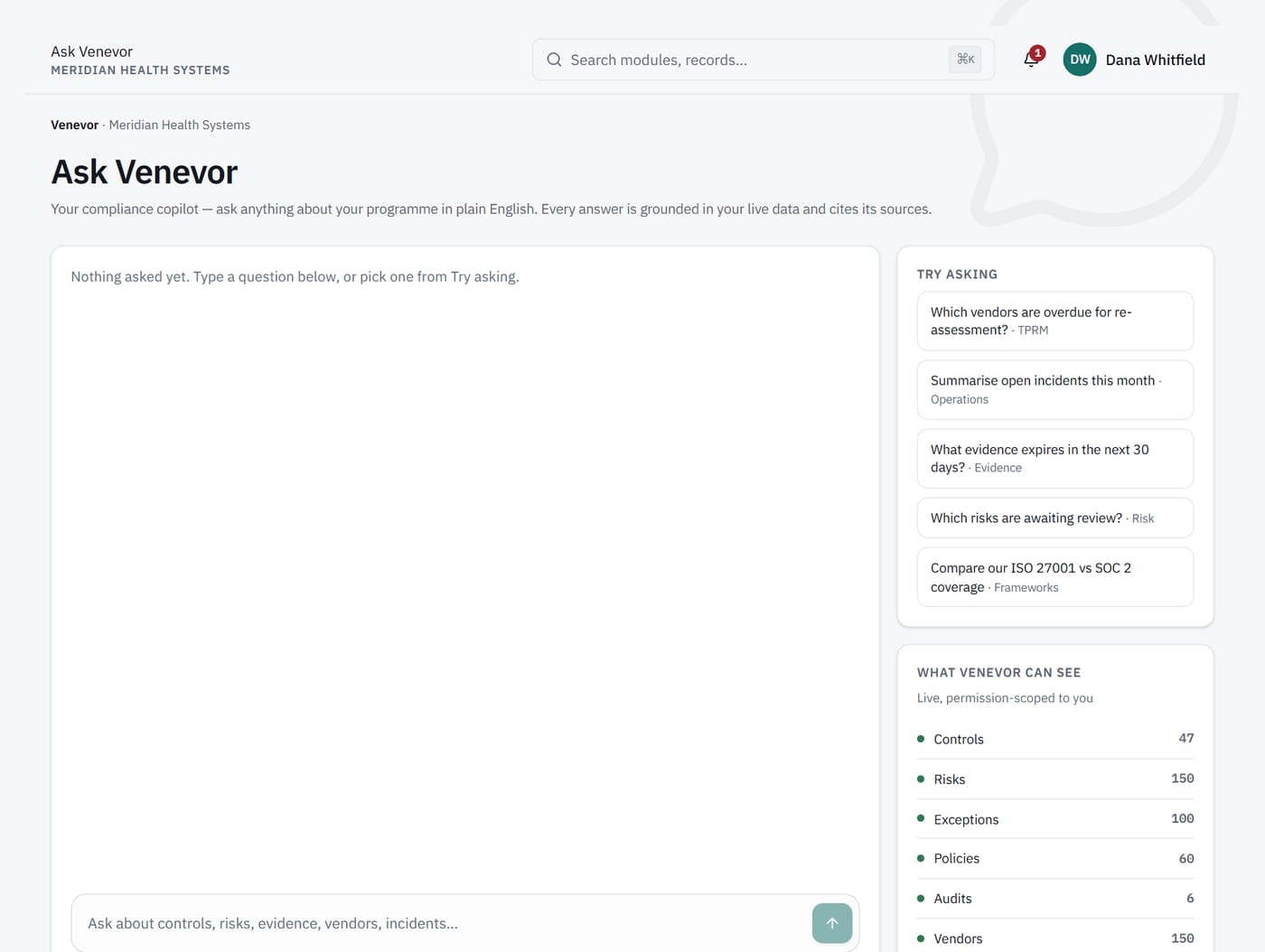 Ask Venevor screen: suggested questions and what the assistant can see.