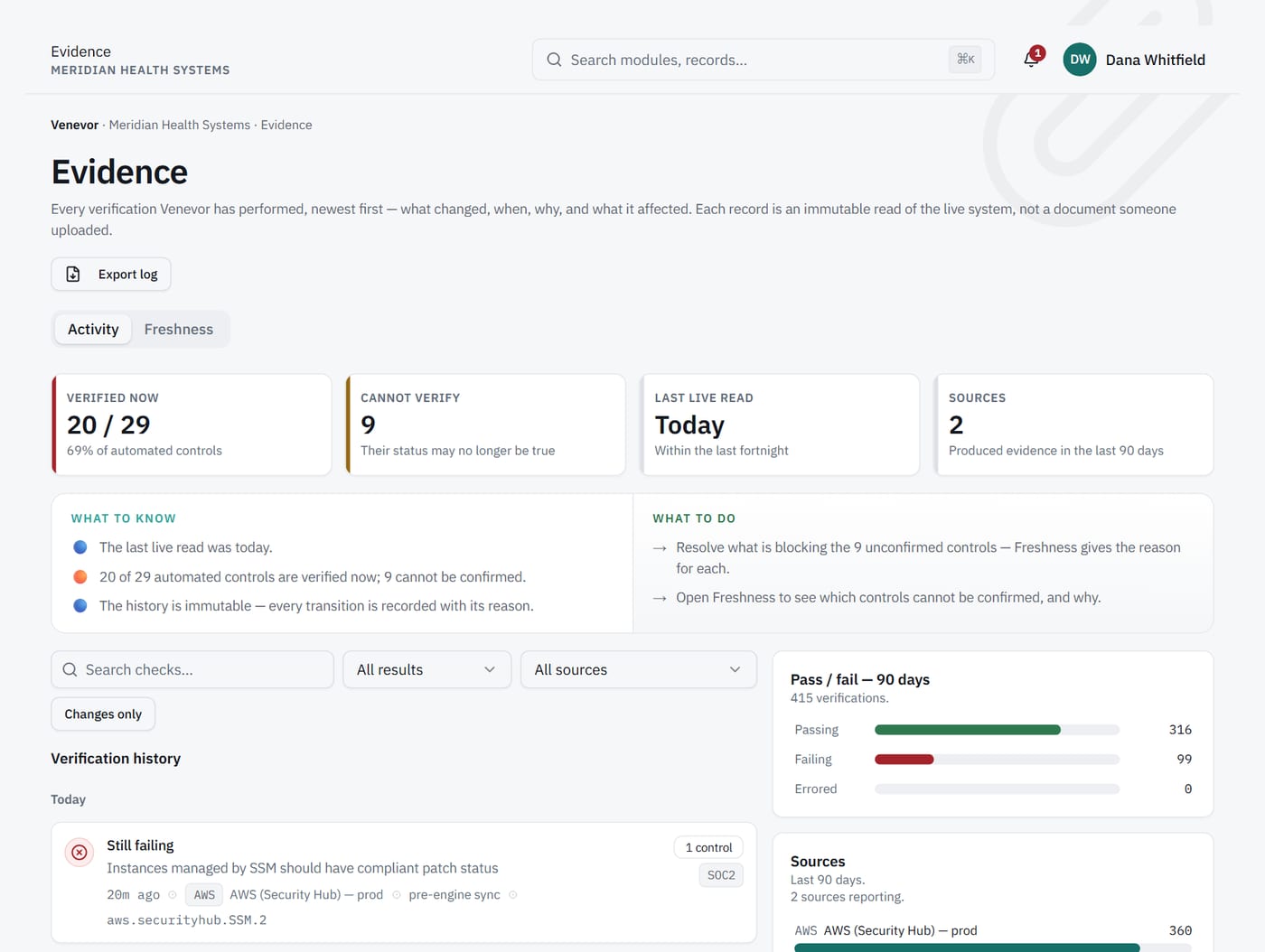 Evidence screen: verification history and freshness.