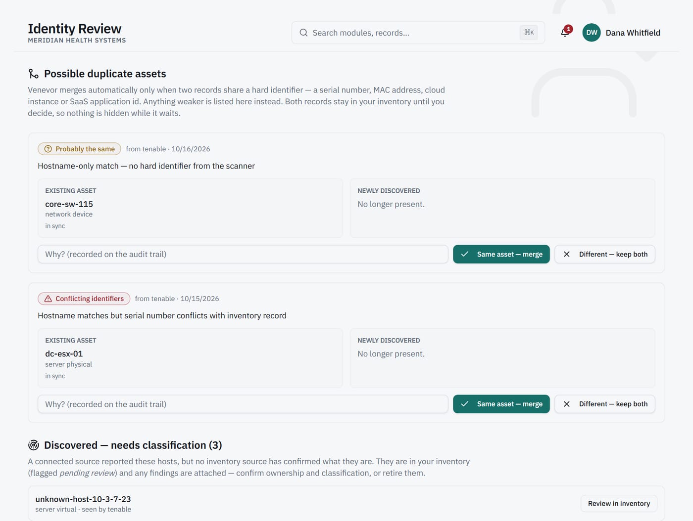 Identity review screen: possible duplicate assets from different sources, with merge or keep-both.